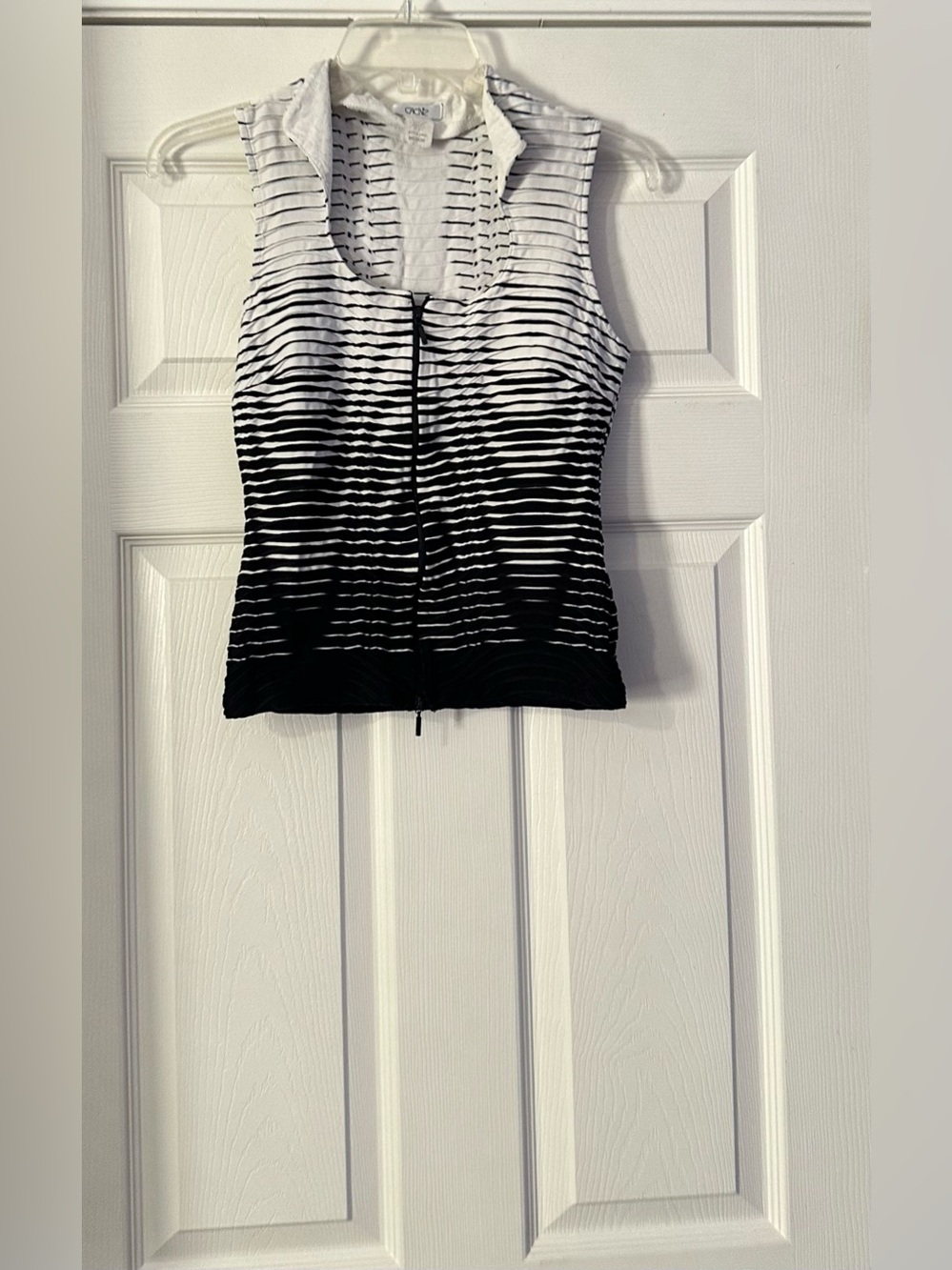Cache Black & White Striped Zip-Front Tank is a size medium.